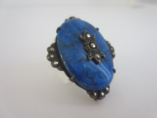 Sterling Brooch Marcasite Blue Lapis Cabochon - Designer Unique Finds 