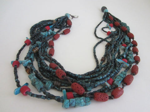 Southwestern Hand Carved Turquoise Coral Bead Strands Necklace Birds - Designer Unique Finds 