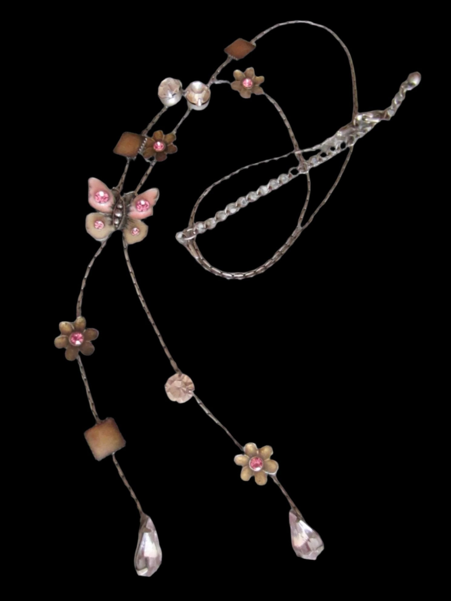 Butterfly Tear Drop Cabochon Floral Enameling Lariat Necklace