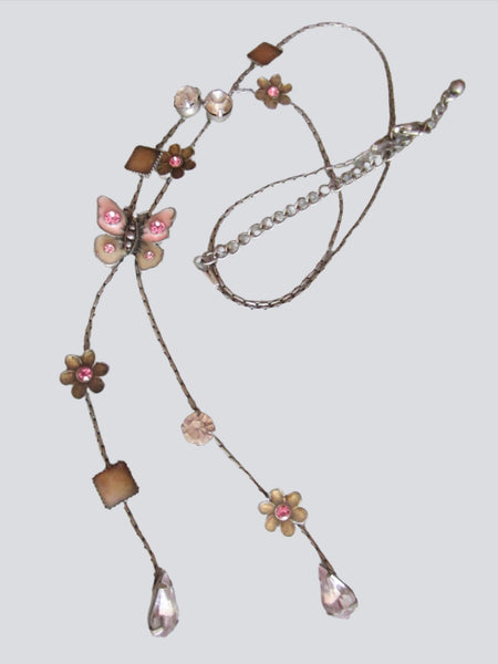 Pink Enamel Butterfly Necklace Tear Drop Floral Cabochons Rhinestones