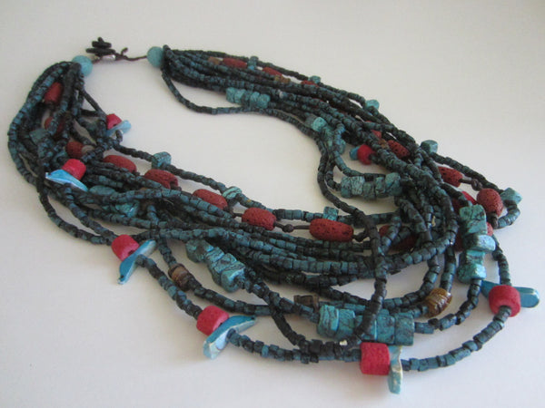 Southwestern Turquoise Bird Coral Beads Multi Strand Hand Carved Necklace