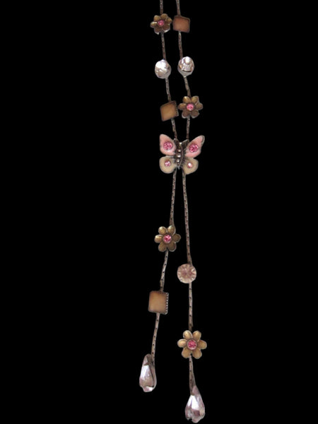 Pink Enamel Butterfly Necklace Tear Drop Floral Cabochons Rhinestones