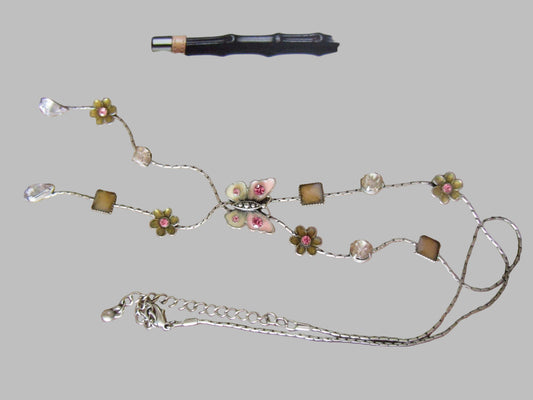 Butterfly Tear Drop Cabochon Floral Enameling Lariat Necklace