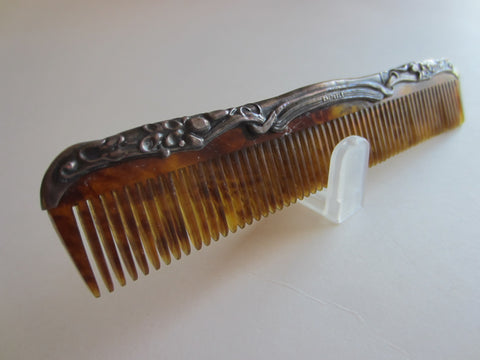 Victorian Sterling Celluloid Hair Comb Floral Chasing - Designer Unique Finds 