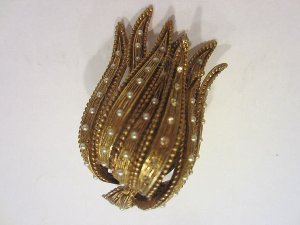 Golden Tulip Brooch Micro Pave Crystals Pearls