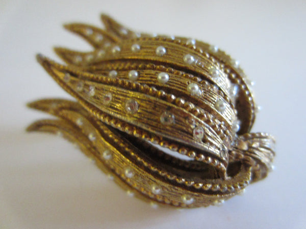 Golden Tulip Brooch Micro Pave White Crystals Seed Pearls - Designer Unique Finds 