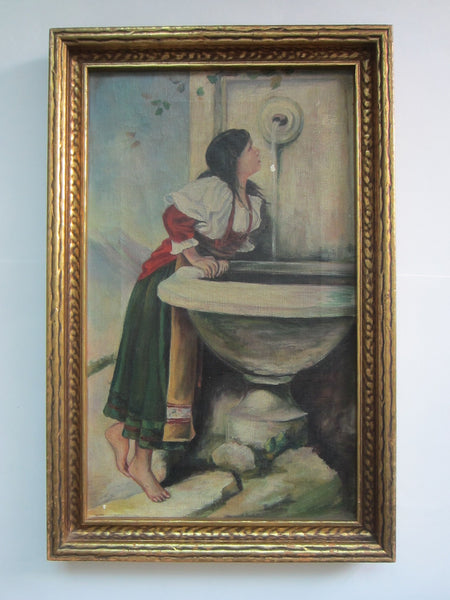 Impressionist Portrait Girl At The Fountain Oil On Canvas Provenance