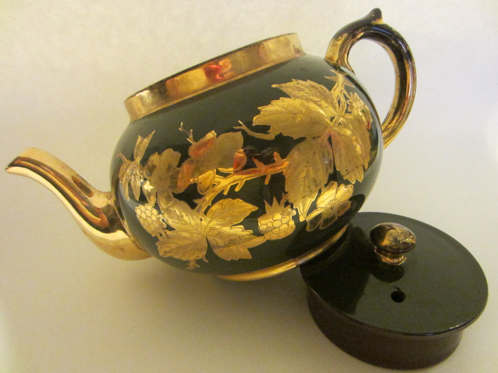 Staffordshire England Sage Green Teapot Gold Flowers - Designer Unique Finds 