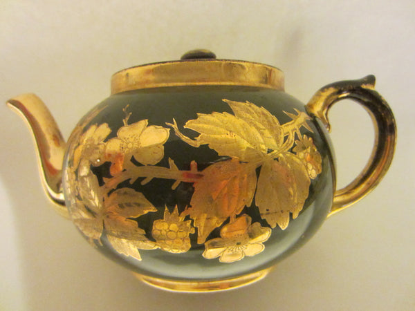 Staffordshire England Green Teapot Decorated Gold Flowers - Designer Unique Finds 