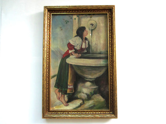 Impressionist Portrait Girl At The Fountain Oil On Canvas Provenance