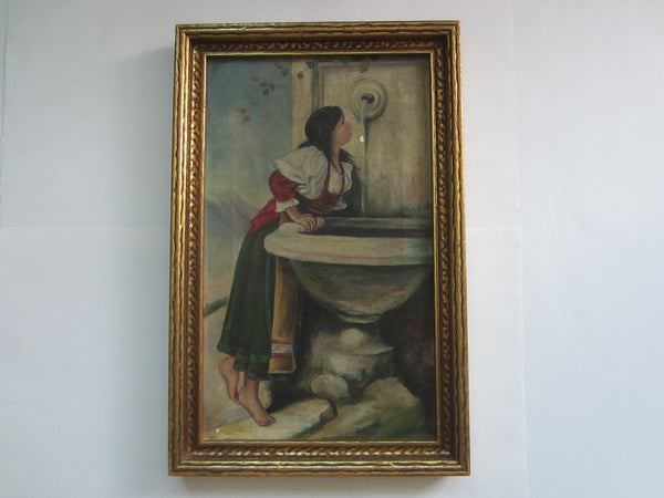 Impressionist Portrait Girl At The Fountain Oil On Canvas Provenance