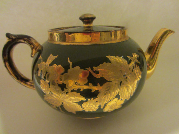 Staffordshire England Green Teapot Decorated Gold Flowers