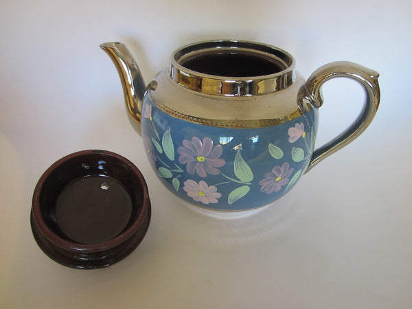 Sudlows Burslem England Silver Lid Blue Hand Painted Ceramic Teapot