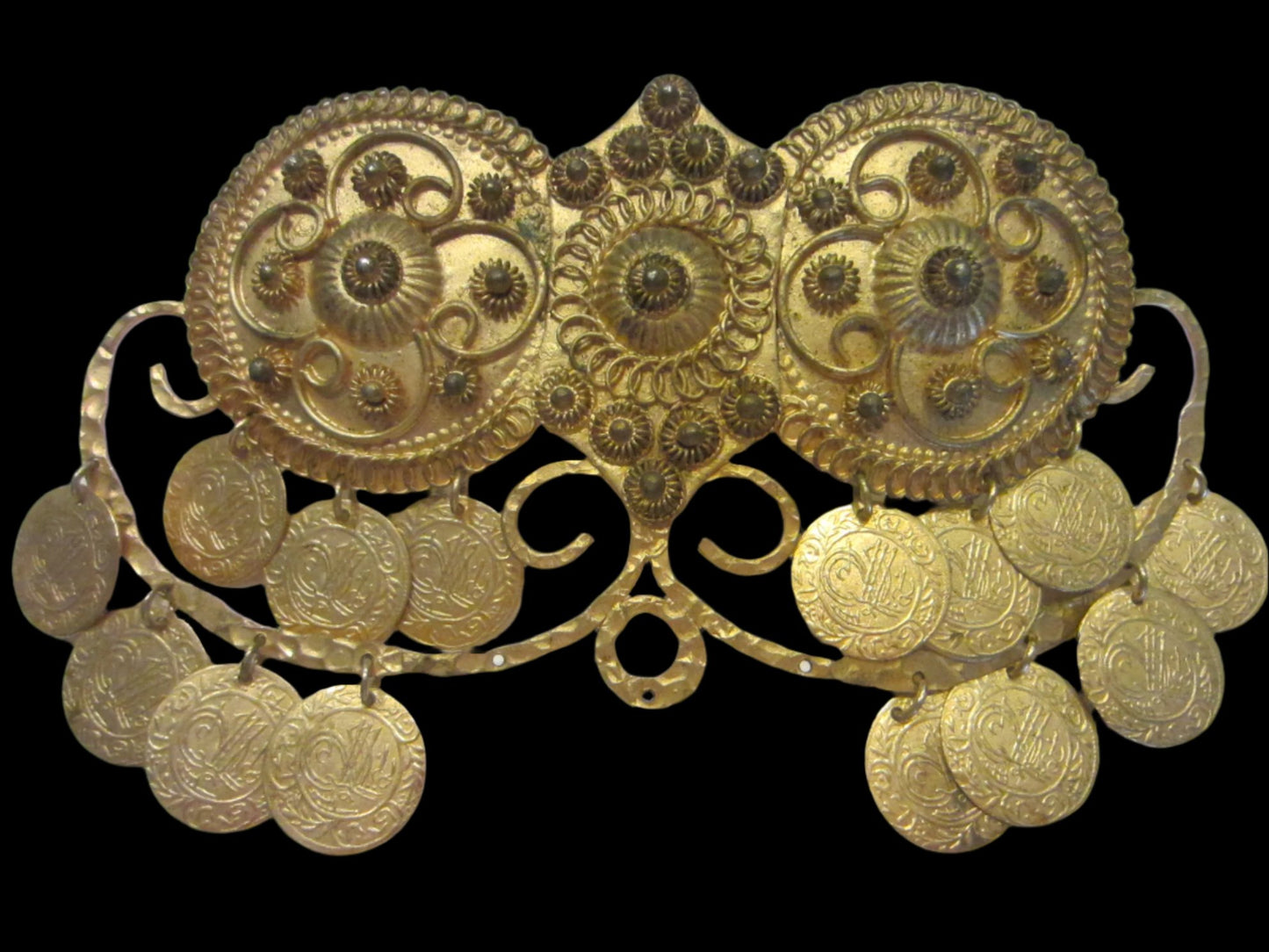 Gold Plated Charm Clip Buckle Decorated Mid Eastern Coins Made in Greece - Designer Unique Finds 
