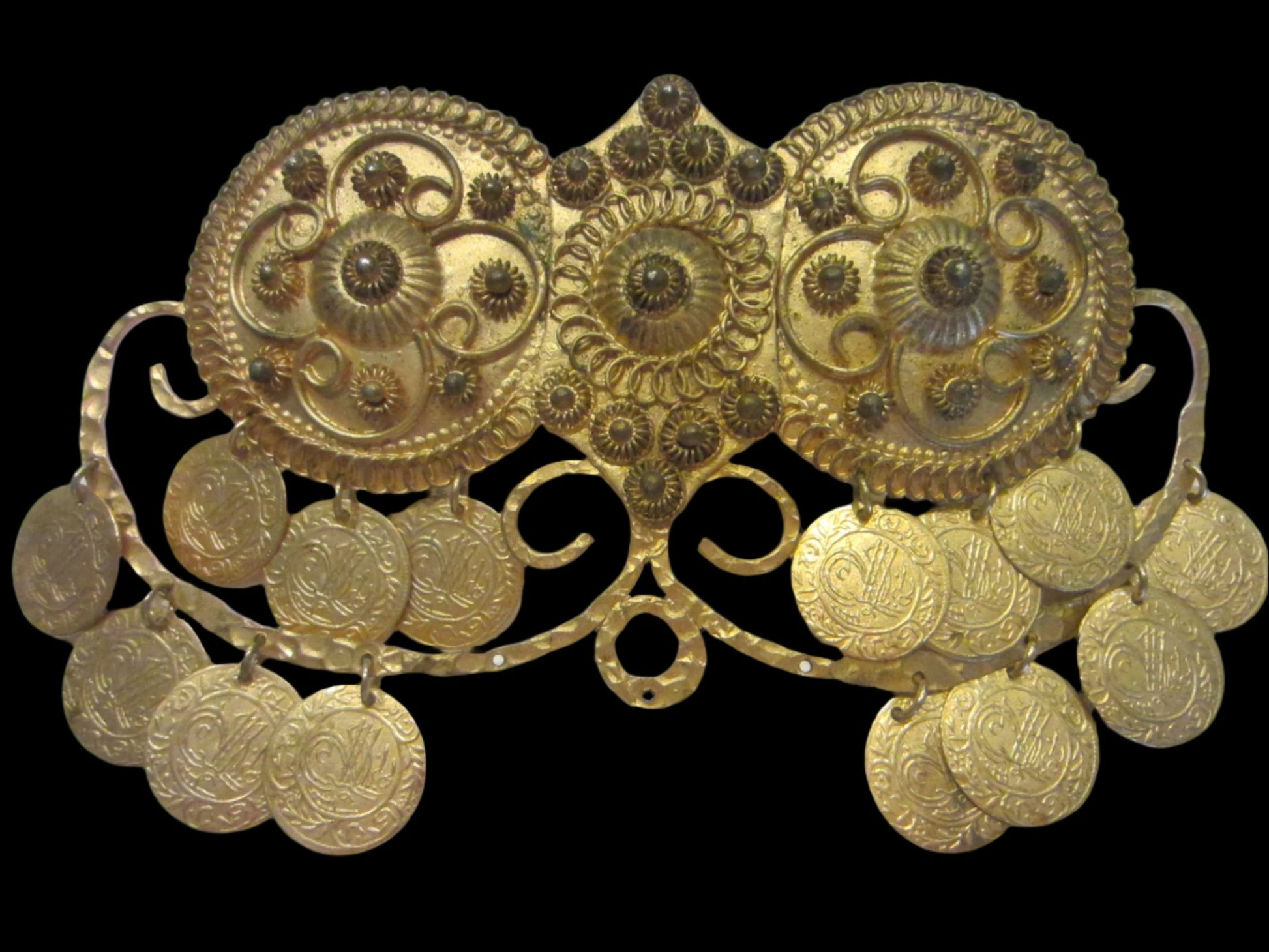Gold Plated Charm Clip Buckle Decorated Mid Eastern Coins Made in Greece - Designer Unique Finds 