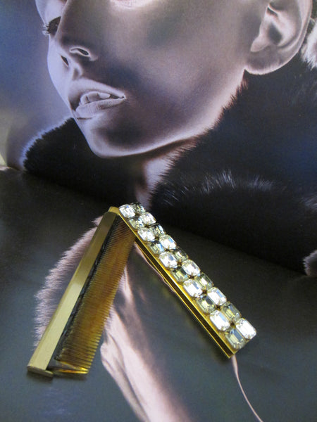 Mid Century Folding Hair Comb Designed Cabochons Glass Gems
