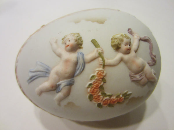 Royal Worcester Porcelain Bisque Majolica Covered Egg Box Floral Angels - Designer Unique Finds 