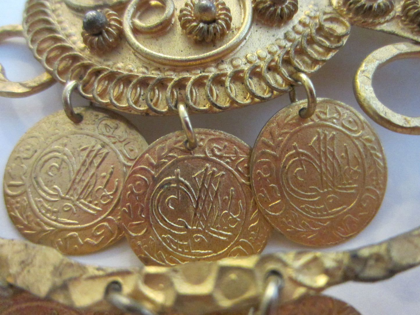 Gold Plated Charm Clip Buckle Decorated Mid Eastern Coins Made in Greece - Designer Unique Finds 