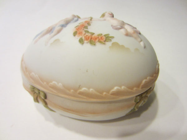 Royal Worcester Porcelain Bisque Majolica Covered Egg Box Floral Angels - Designer Unique Finds 
