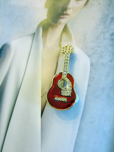 Red Guitar Brooch Golden Brass Enamel Rhinestone - Designer Unique Finds 
 - 2