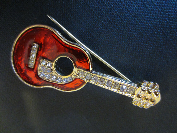 Red Guitar Brooch Golden Brass Enamel Rhinestone - Designer Unique Finds 
 - 1