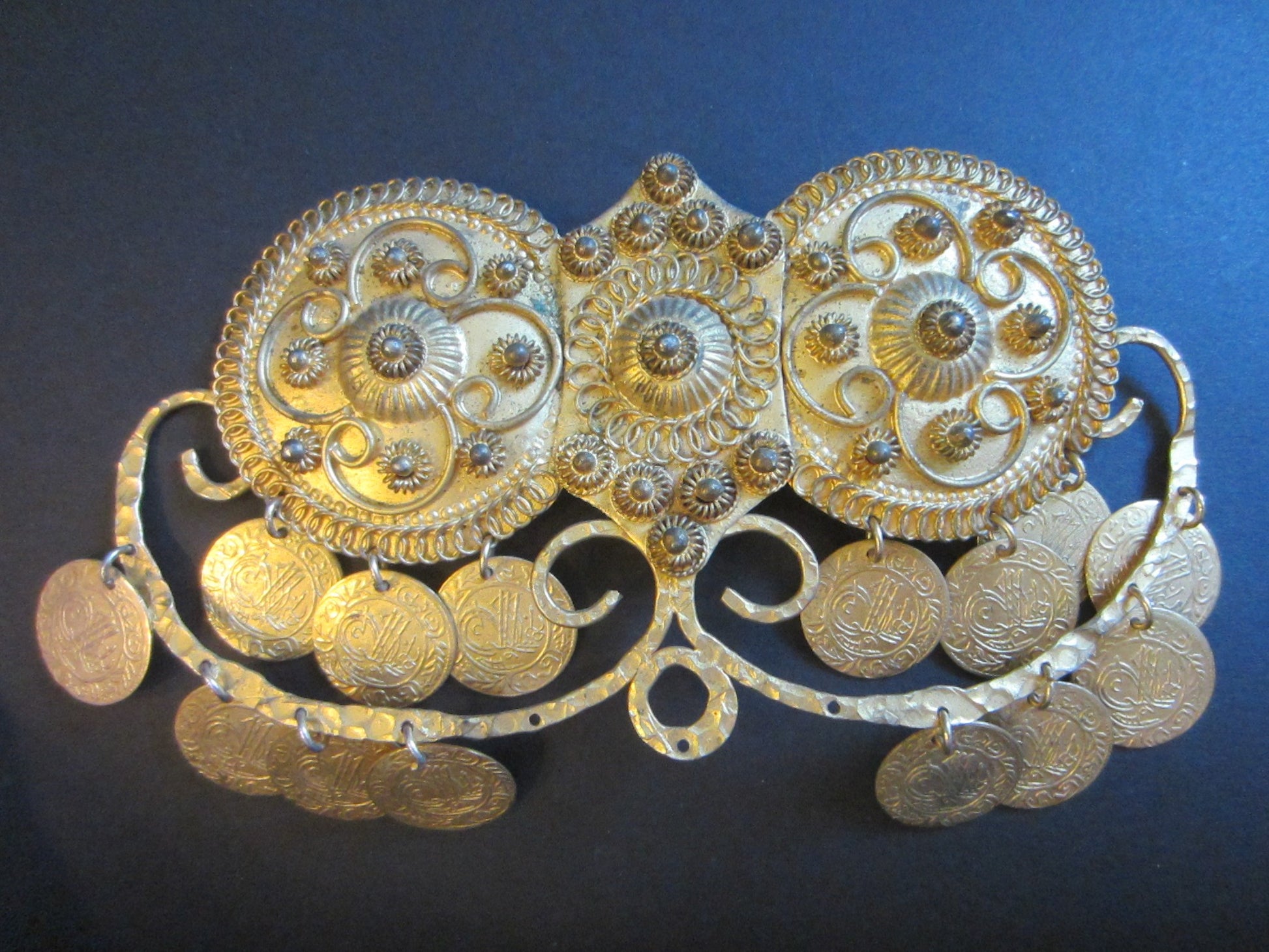 Gold Plated Charm Clip Buckle Decorated Mid Eastern Coins Made in Greece - Designer Unique Finds 