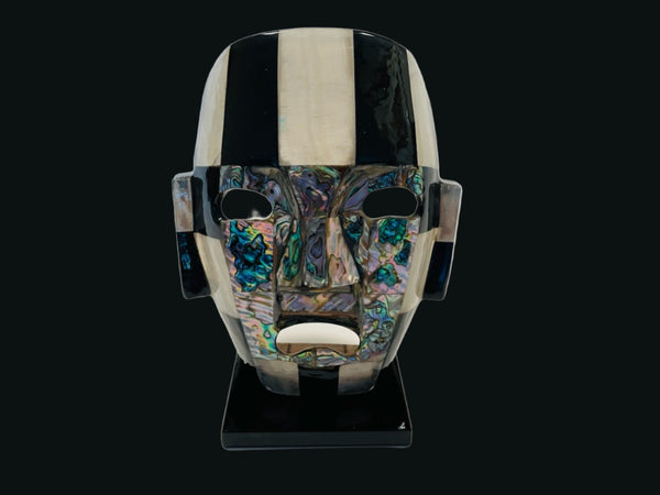 Mayan Aztec Style Folk Art Abalone Stone Ceremonial Mask On Stand