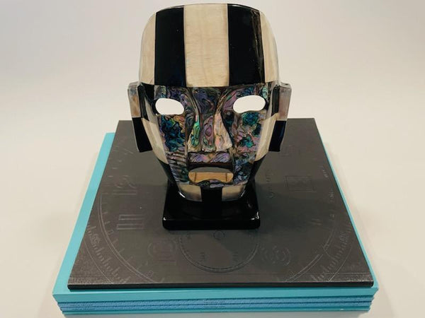 Mayan Aztec Style Folk Art Abalone Stone Ceremonial Mask On Stand