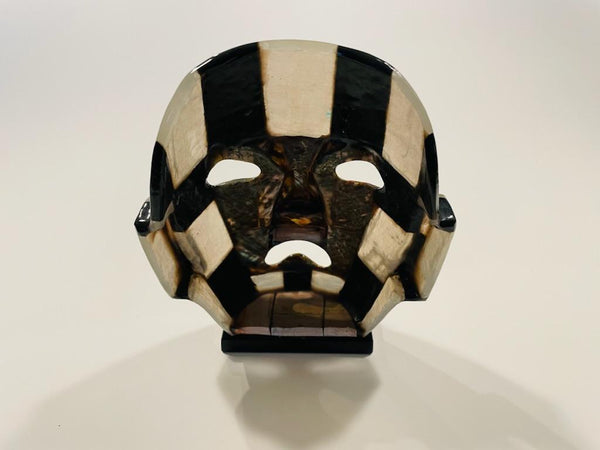 Mayan Aztec Style Folk Art Abalone Stone Ceremonial Mask On Stand