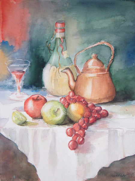 Walker Still Life Fruits Signed Mid Century Impressionist Watercolor Painting