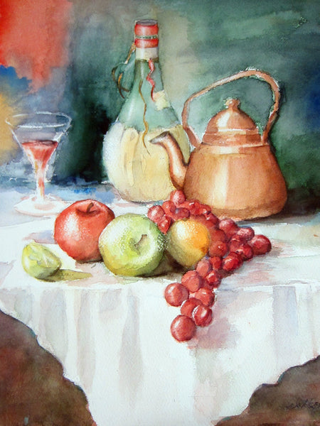 Walker Still Life Watercolor Fruits Chianti Signed Impressionist Art - Designer Unique Finds 