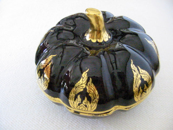 Black Lacquered Pumpkin Box Gilt Decorated - Designer Unique Finds 