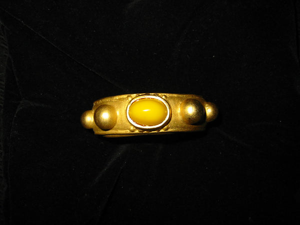 Deanna Hamro Brass Cuff Bracelet Yellow Glass Cabochon Signed - Designer Unique Finds 
 - 4