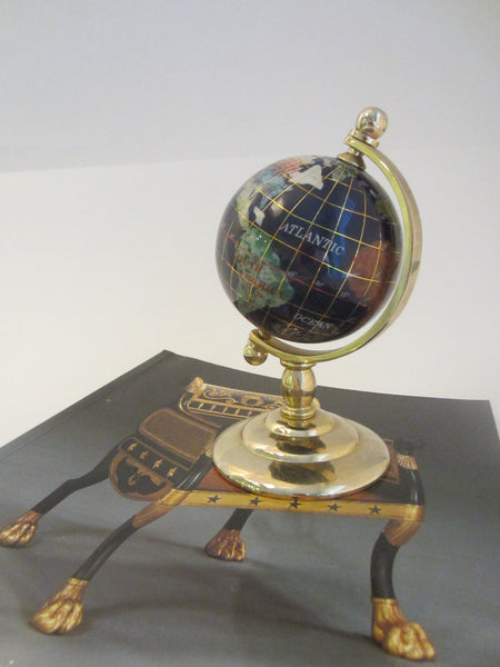 World Globe Cobalt Lapis Rainbow Mother of Pearl Brass Stand - Designer Unique Finds 