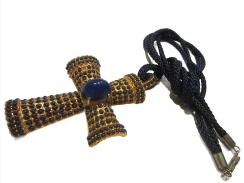 Vogue JLRY Gold Plated Cross Pendant Blue Cabochon Rope Chain - Designer Unique Finds 