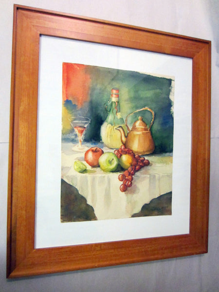Walker Still Life Watercolor Fruits Chianti Signed Impressionist Art - Designer Unique Finds 