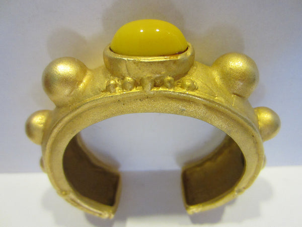 Deanna Hamro Brass Cuff Bracelet Yellow Glass Cabochon Signed - Designer Unique Finds 
 - 1