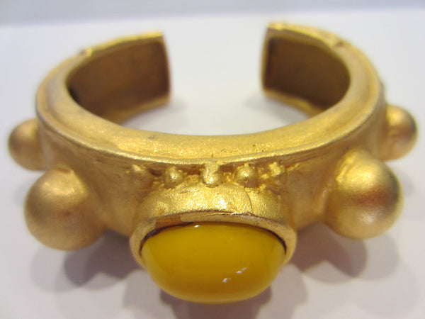 Deanna Hamro Brass Cuff Bracelet Yellow Glass Cabochon Signed - Designer Unique Finds 
 - 3