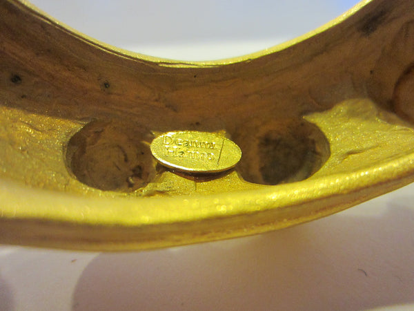 Deanna Hamro Brass Cuff Bracelet Yellow Glass Cabochon Signed - Designer Unique Finds 
 - 5