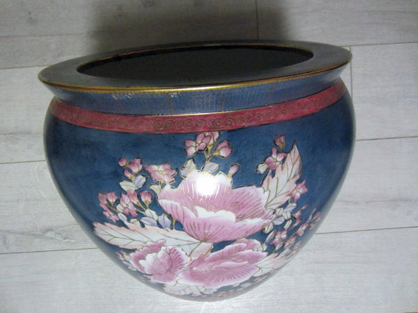 Chinese Porcelain Blue Fish Bowl Enameling Pink Flowers - Designer Unique Finds 