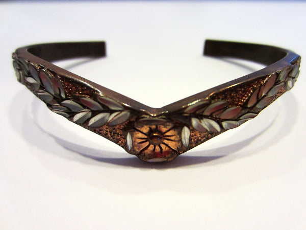 Crown Copper Cuff Bracelet Decorated Flower Medallion Shell Enameling - Designer Unique Finds 
 - 1