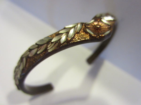 Crown Copper Cuff Bracelet Decorated Flower Medallion Shell Enameling - Designer Unique Finds 
 - 4