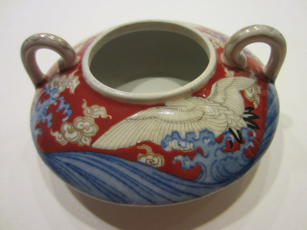 Porcelain Sugar Cream Bowl W Handle Golden Blue Birds Hand Painted Marked Stamped - Designer Unique Finds 