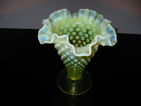 Opalescent Translucent Crimped Topaz Green Glass Vase - Designer Unique Finds 
