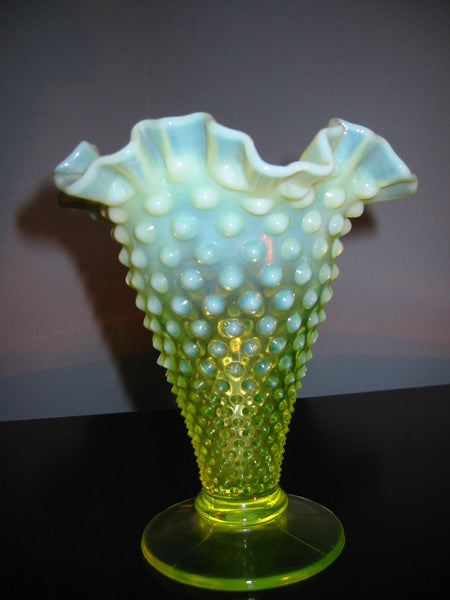 Opalescent Translucent Crimped Topaz Green Glass Vase - Designer Unique Finds 