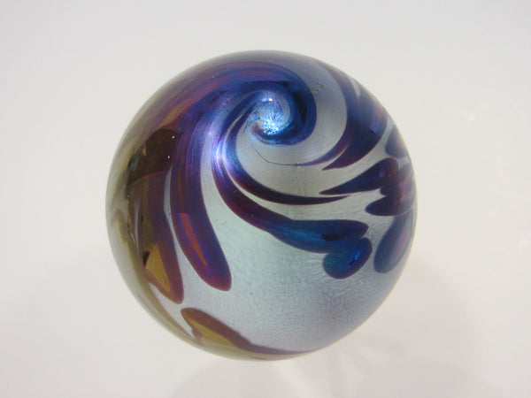 OBG Ocean Wave Signed Iridized Glass Paperweight Blue Silver