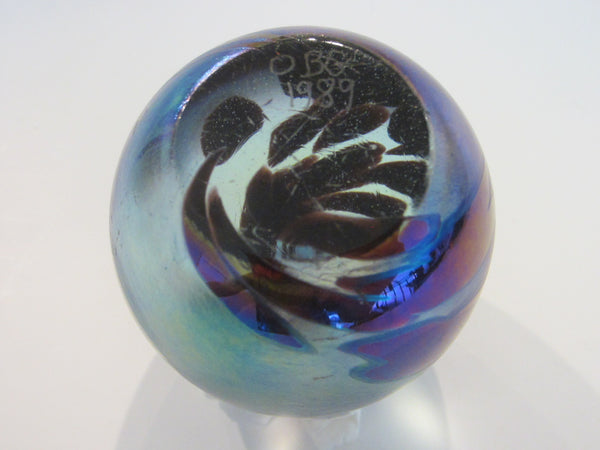 OBG Ocean Wave Signed Iridized Glass Paperweight Blue Silver