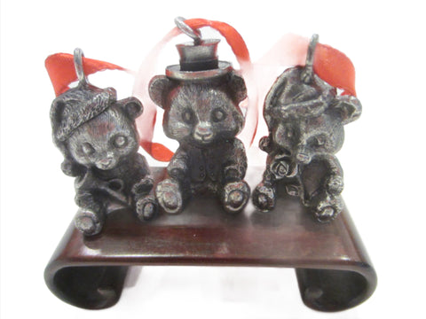 Three Miniature Pewter Teddy Bears Ornaments 