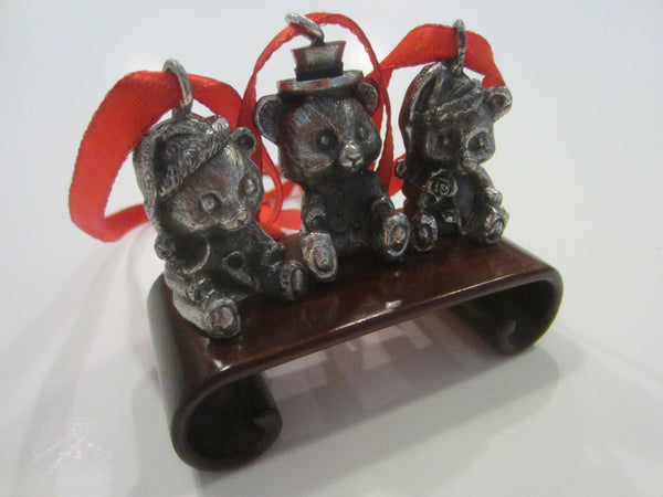 Three Miniature Pewter Teddy Bears Ornaments