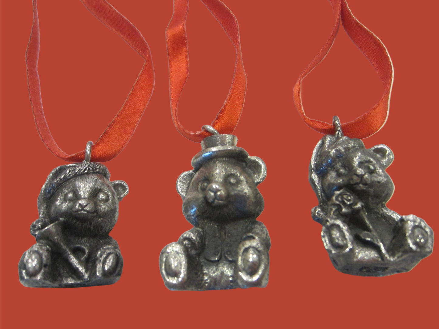 Three Miniature Pewter Teddy Bears Ornaments